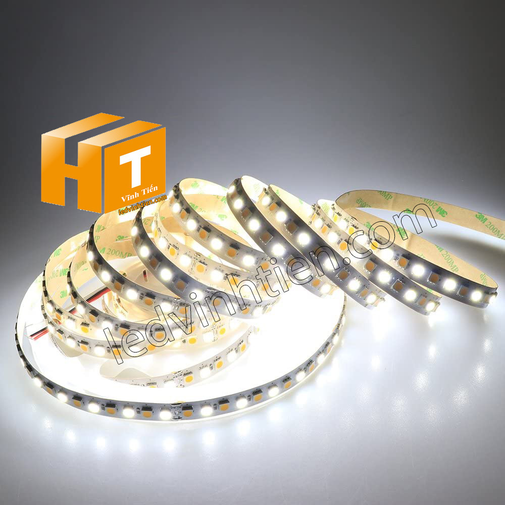 Ảnh chụp nhiều góc cạnh của đèn LED DÂY DÁN chip SMD 5050, 2835 chíp led samsung, korrea,  ánh sáng màu trung tính 4000k đến 4500k siêu sáng là loại led dây dán cuộn dài 5m, chạy điện 12V, dùng chiếu sáng nội thất, tủ kệ, quầy bar, bếp, hắt trần, trang trí quán cà phê, ledvinhtien.com