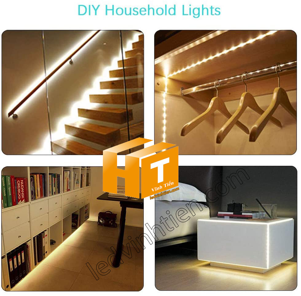 Ảnh chụp nhiều góc cạnh của đèn LED DÂY DÁN chip SMD 5050, 2835 chíp led samsung, korrea,  ánh sáng màu trung tính 4000k đến 4500k siêu sáng là loại led dây dán cuộn dài 5m, chạy điện 12V, dùng chiếu sáng nội thất, tủ kệ, quầy bar, bếp, hắt trần, trang trí quán cà phê, ledvinhtien.com