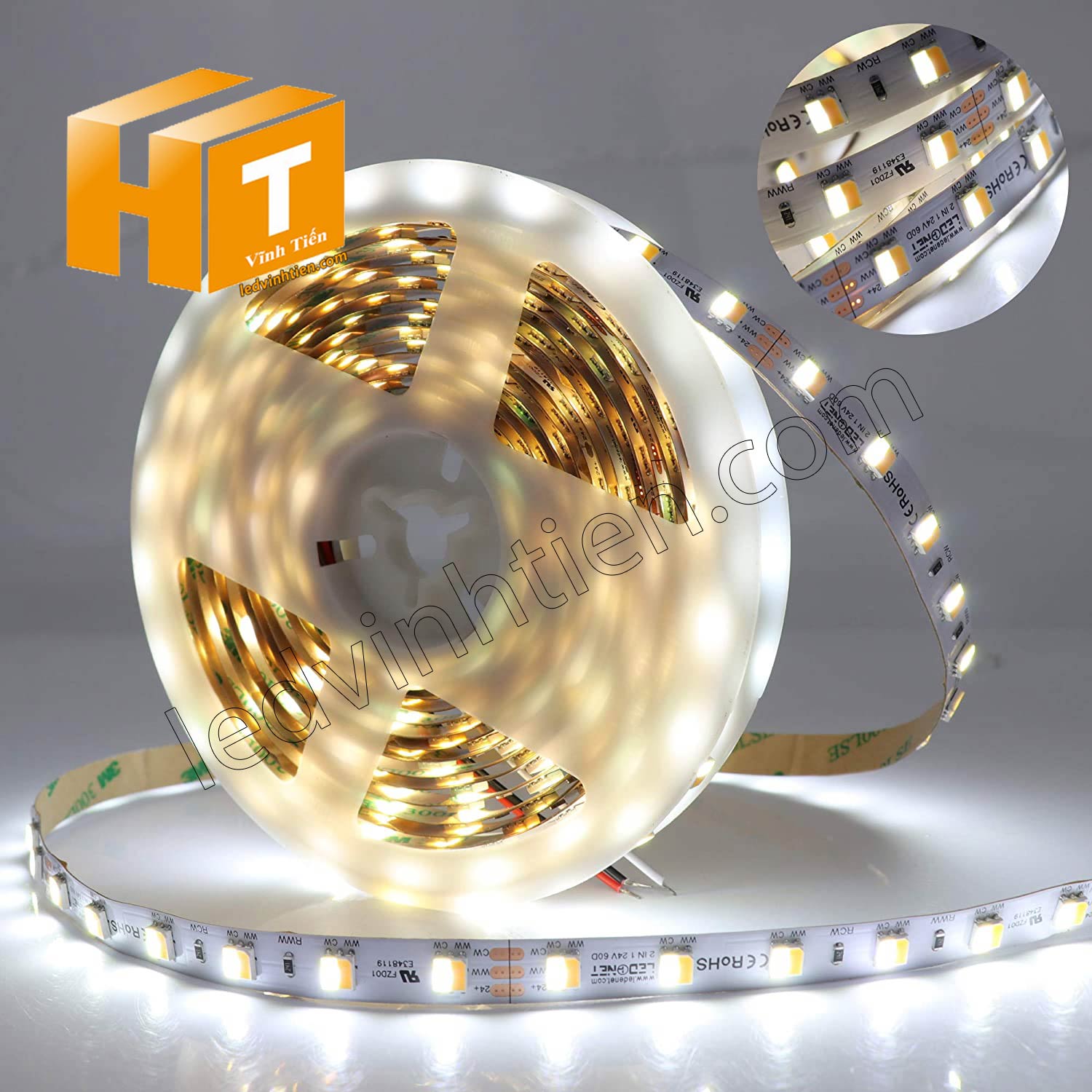 Ảnh chụp nhiều góc cạnh của đèn LED DÂY DÁN chip SMD 5050, 2835 chíp led samsung, korrea,  ánh sáng màu trung tính 4000k đến 4500k siêu sáng là loại led dây dán cuộn dài 5m, chạy điện 12V, dùng chiếu sáng nội thất, tủ kệ, quầy bar, bếp, hắt trần, trang trí quán cà phê, ledvinhtien.com