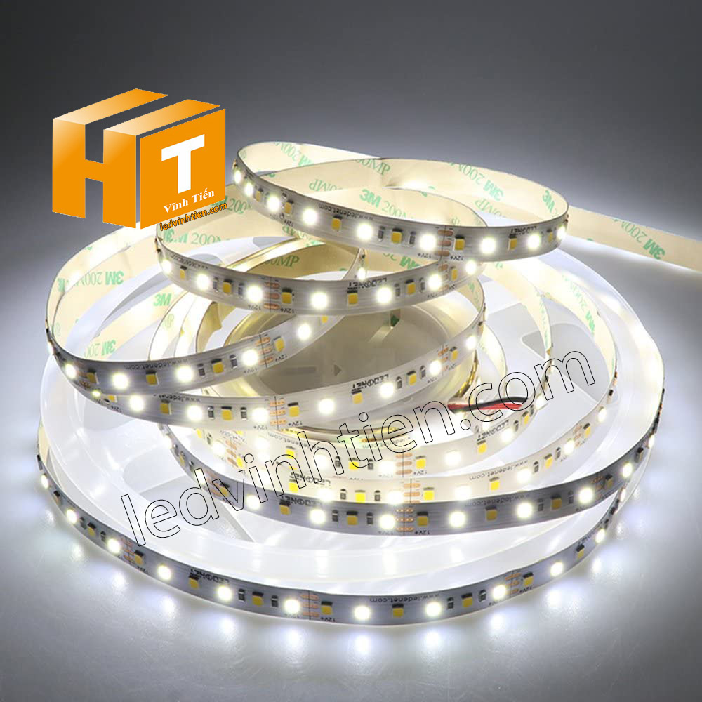 Ảnh chụp nhiều góc cạnh của đèn LED DÂY DÁN chip SMD 5050, 2835 chíp led samsung, korrea,  ánh sáng màu trung tính 4000k đến 4500k siêu sáng là loại led dây dán cuộn dài 5m, chạy điện 12V, dùng chiếu sáng nội thất, tủ kệ, quầy bar, bếp, hắt trần, trang trí quán cà phê, ledvinhtien.com