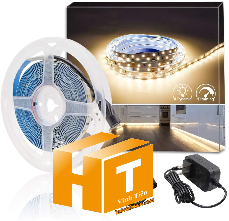 Ảnh chụp nhiều góc cạnh của đèn LED DÂY DÁN chip SMD 5050, 2835 chíp led samsung, korrea,  ánh sáng màu trung tính 4000k đến 4500k siêu sáng là loại led dây dán cuộn dài 5m, chạy điện 12V, dùng chiếu sáng nội thất, tủ kệ, quầy bar, bếp, hắt trần, trang trí quán cà phê, ledvinhtien.com