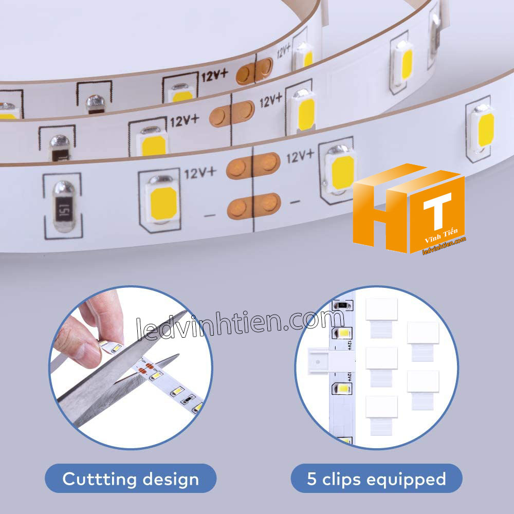 Ảnh chụp nhiều góc cạnh của đèn LED DÂY DÁN chip SMD 5050, 2835 chíp led samsung, korrea,  ánh sáng màu trung tính 4000k đến 4500k siêu sáng là loại led dây dán cuộn dài 5m, chạy điện 12V, dùng chiếu sáng nội thất, tủ kệ, quầy bar, bếp, hắt trần, trang trí quán cà phê, ledvinhtien.com