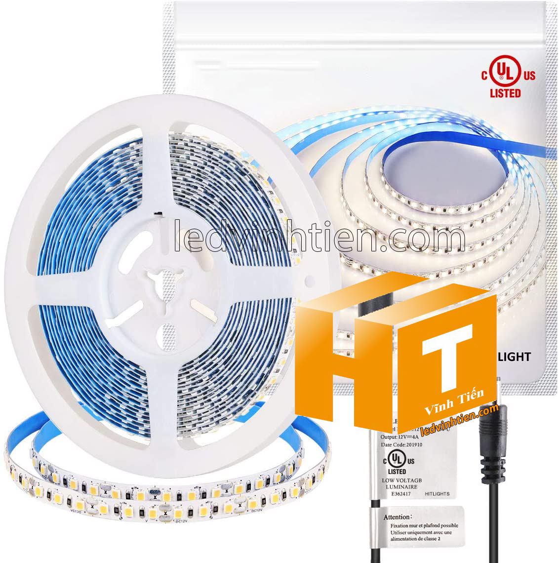 Ảnh chụp nhiều góc cạnh của đèn LED DÂY DÁN chip SMD 5050, 2835 chíp led samsung, korrea,  ánh sáng màu trung tính 4000k đến 4500k siêu sáng là loại led dây dán cuộn dài 5m, chạy điện 12V, dùng chiếu sáng nội thất, tủ kệ, quầy bar, bếp, hắt trần, trang trí quán cà phê, ledvinhtien.com