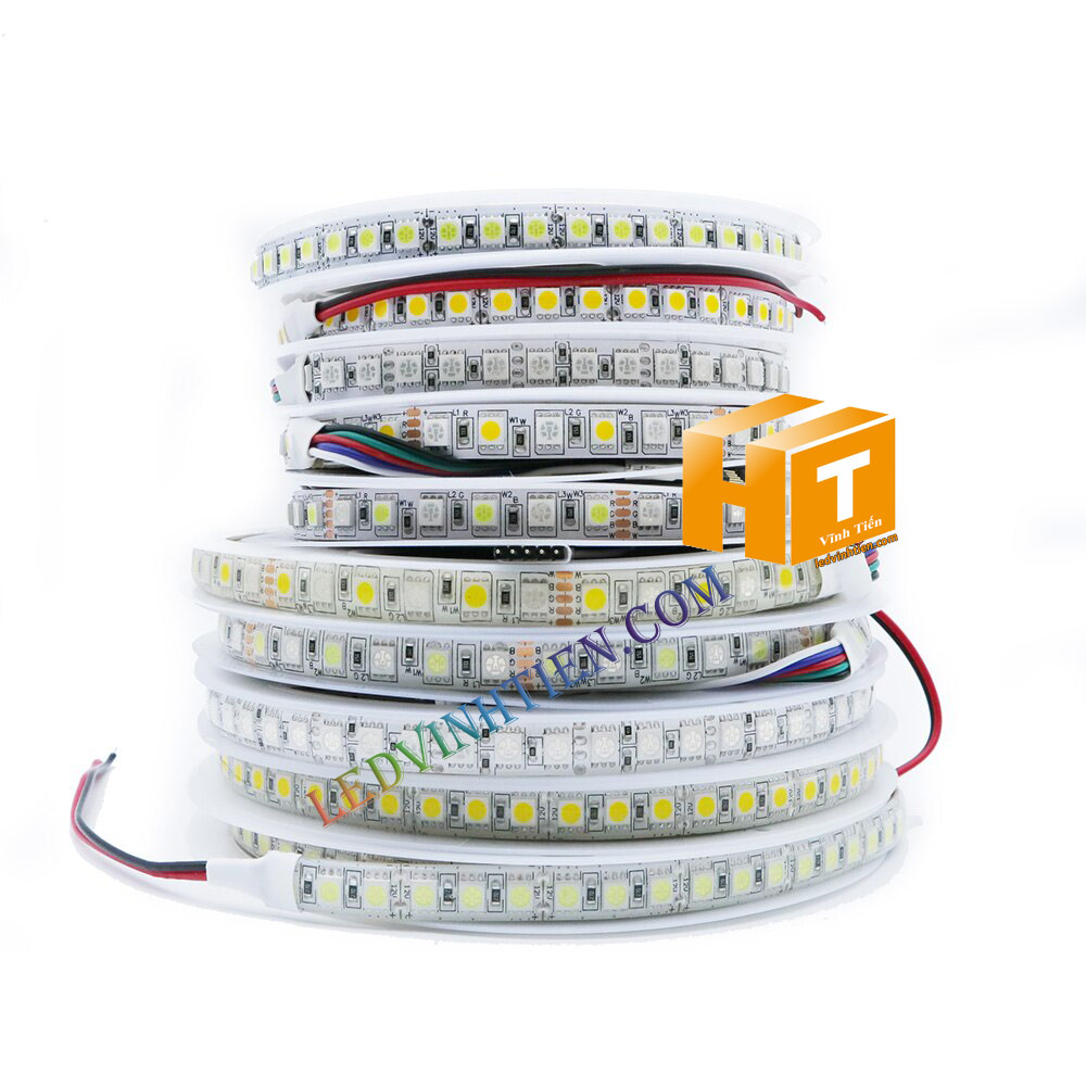 Ảnh chụp nhiều góc cạnh của đèn LED DÂY DÁN chip SMD 5054 ánh sáng màu tím siêu sáng là loại led dây dán cuộn dài 5m, chạy điện 12V, ledvinhtien.com