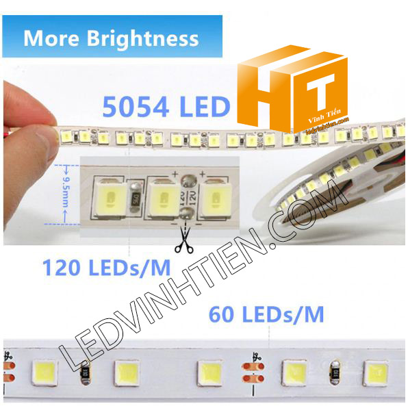 Ảnh chụp nhiều góc cạnh của đèn LED DÂY DÁN chip SMD 5054 ánh sáng màu hồng siêu sáng là loại led dây dán cuộn dài 5m, chạy điện 12V, ledvinhtien.com