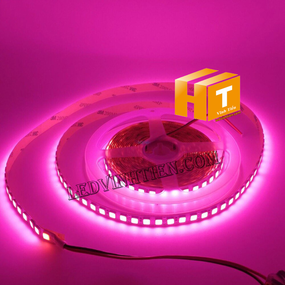 Ảnh chụp nhiều góc cạnh của đèn LED DÂY DÁN chip SMD 5054 ánh sáng màu hồng siêu sáng là loại led dây dán cuộn dài 5m, chạy điện 12V, ledvinhtien.com