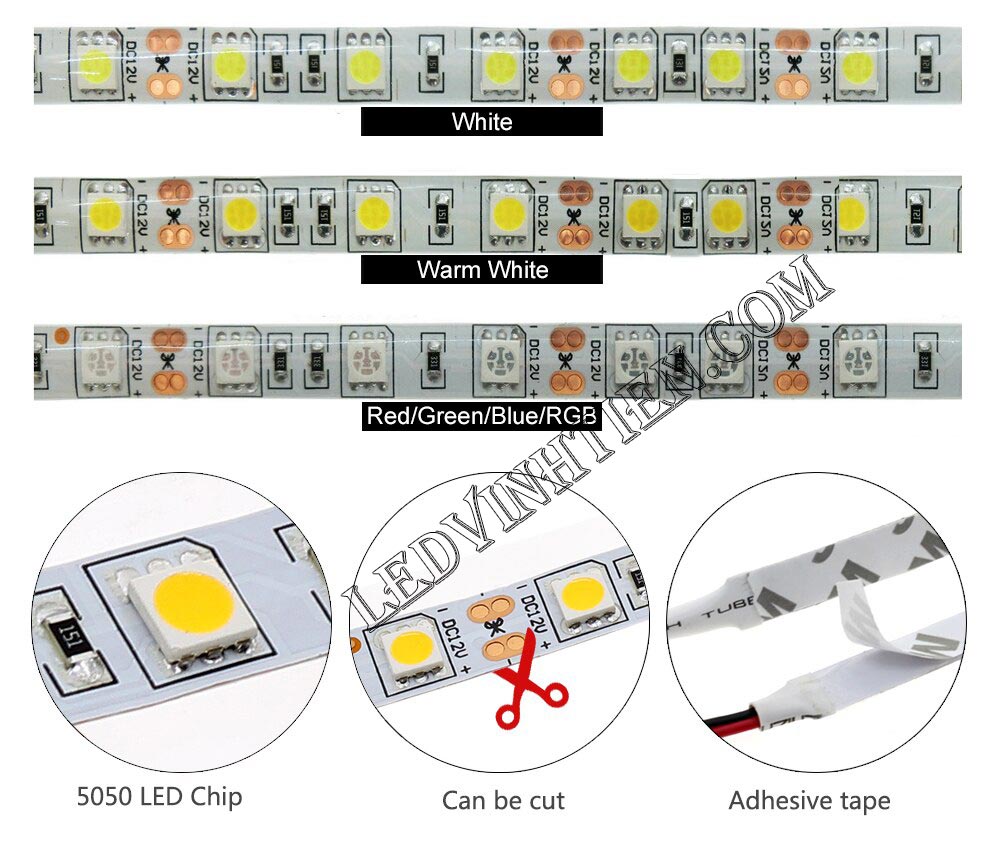 Ảnh chụp nhiều góc cạnh của đèn LED DÂY DÁN chip SMD 5054 ánh sáng màu xanh ngọc, xanh da trời siêu sáng là loại led dây dán cuộn dài 5m, chạy điện 12V, ledvinhtien.com