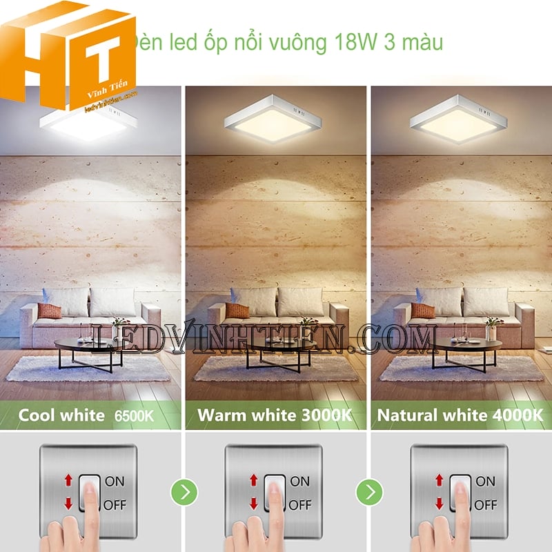 Bán đèn led ốp trần vuông 18w 3 màu tại HCM
