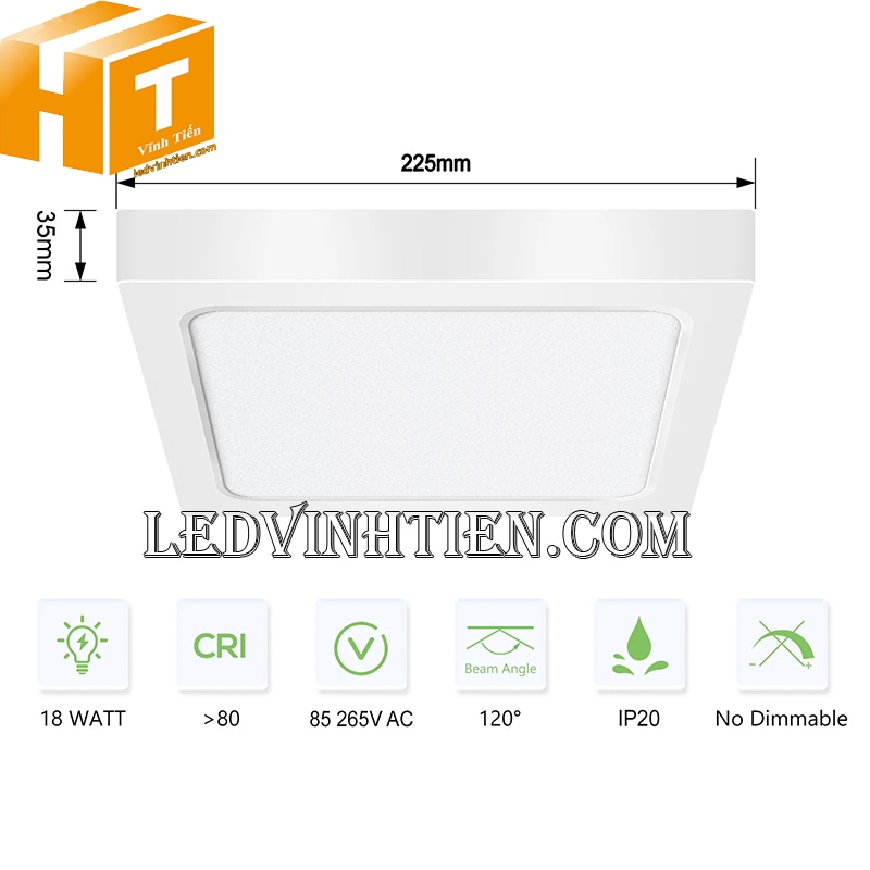 Kích thươc đèn ốp nổi vuông 18w 3 màu loại tốt