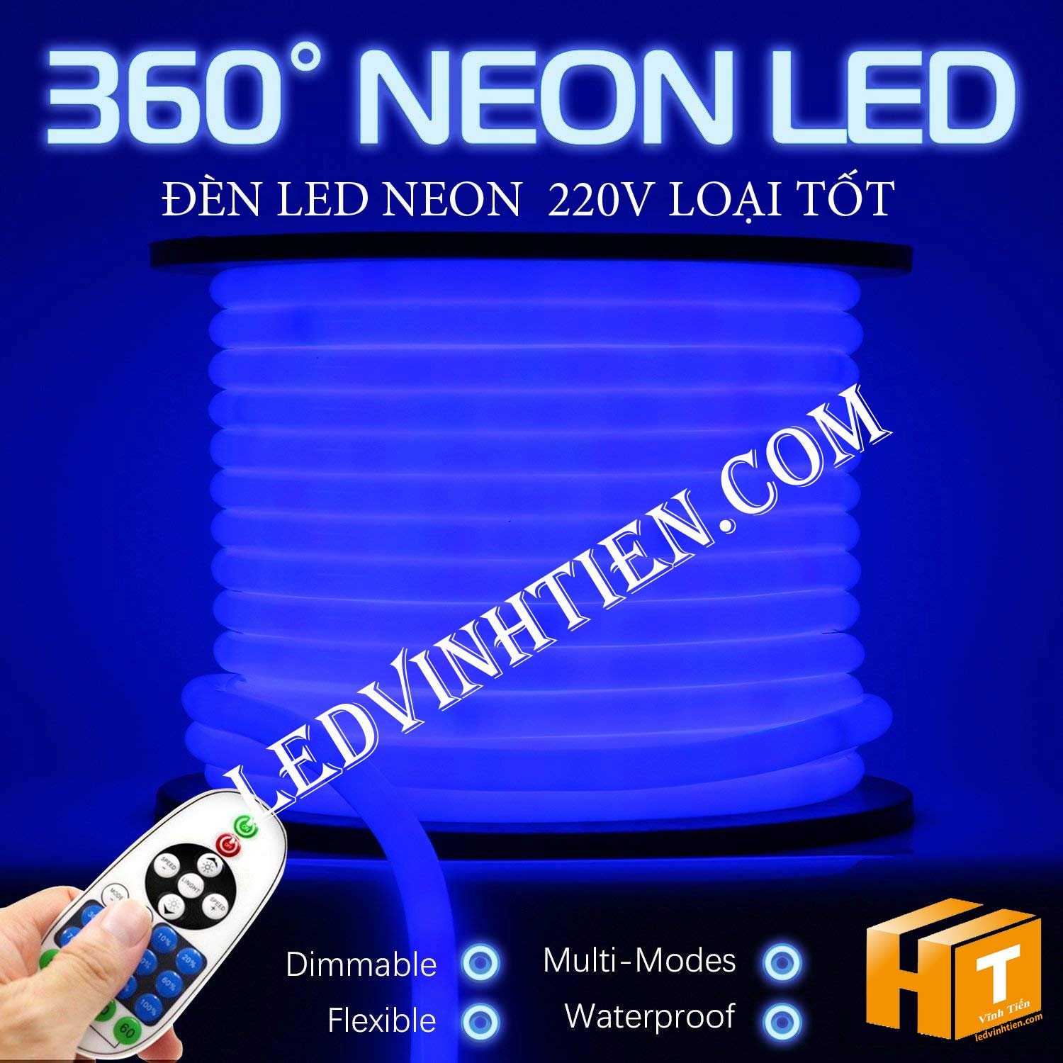 Led dây Flex Neon 220V cuộn 50m, 100m, ánh sáng màu xanh dương, Led Neon Sign 220V viền trang trí,đèn decor, hắt trần thạch cao , quấn cây, trang trí cà phê, nhà hàng, khách sạn, led 2835 , led 5050 giá rẻ, loại tốt, chất lượng, dùng chiếu sáng trong nhà, ngoài trời. LED Neon Flex hiệu ứng sáng mờ, hoàn hảo. Dây mềm dễ uốn dẻo. Trang trí nội ngoại thất ưu việt. Điện áp 220V, chống mưa tiêu chuẩn IP65, 66, 67, dễ sử dụng, dể đấu nối, phân phối sỉ bởi công ty đèn led vĩnh tiến, ledvinhtien.com