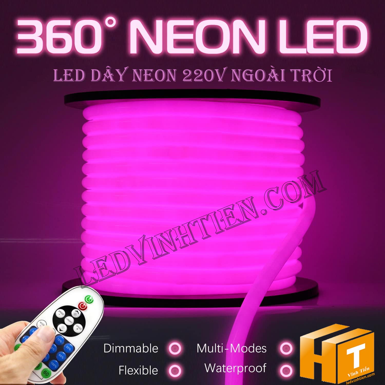 Led dây Flex Neon 220V cuộn 50m, 100m, ánh sáng màu hồng, tím, Led Neon Sign 220V viền trang trí,đèn decor, hắt trần thạch cao , quấn cây, trang trí cà phê, nhà hàng, khách sạn, led 2835 , led 5050 giá rẻ, loại tốt, chất lượng, dùng chiếu sáng trong nhà, ngoài trời. LED Neon Flex hiệu ứng sáng mờ, hoàn hảo. Dây mềm dễ uốn dẻo. Trang trí nội ngoại thất ưu việt. Điện áp 220V, chống mưa tiêu chuẩn IP65, 66, 67, dễ sử dụng, dể đấu nối, phân phối sỉ bởi công ty đèn led vĩnh tiến, ledvinhtien.com