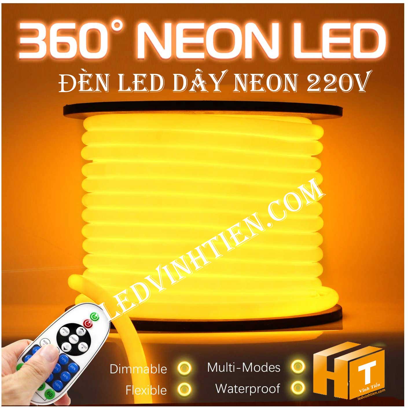 Led dây Flex Neon 220V cuộn 50m, 100m, ánh sáng màu vàng nắng, warm white, Led Neon Sign 220V viền trang trí,đèn decor, hắt trần thạch cao , quấn cây, trang trí cà phê, nhà hàng, khách sạn, led 2835 , led 5050 giá rẻ, loại tốt, chất lượng, dùng chiếu sáng trong nhà, ngoài trời. LED Neon Flex hiệu ứng sáng mờ, hoàn hảo. Dây mềm dễ uốn dẻo. Trang trí nội ngoại thất ưu việt. Điện áp 220V, chống mưa tiêu chuẩn IP65, 66, 67, dễ sử dụng, dể đấu nối, phân phối sỉ bởi công ty đèn led vĩnh tiến, ledvinhtien.com