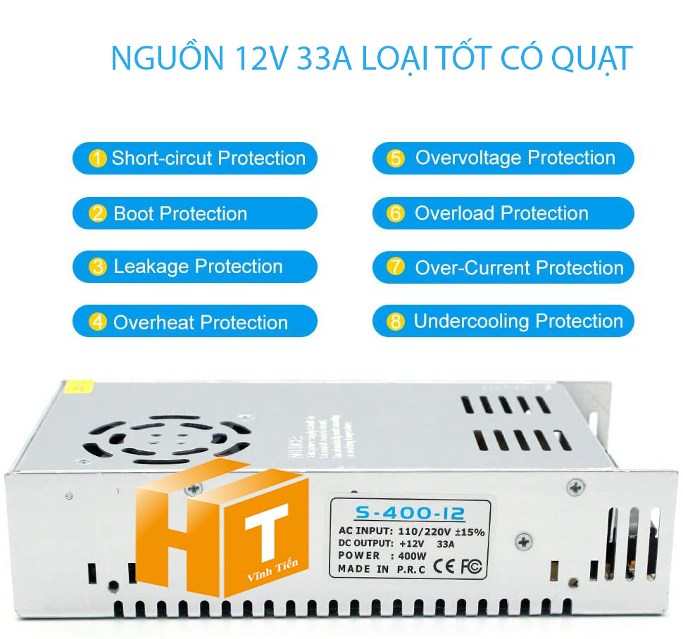 Nguồn 12V 33A 400W có quạt, thiết kế chắc chắn và hiệu suất cao