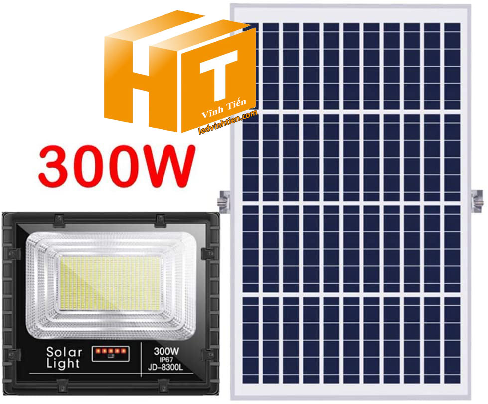 Đèn pha năng lượng mặt trời 300W (Đèn pha led năng lượng mặt trời 300W VTHT-NLMT008). sử dụng năng lượng mặt trời chiếu sáng từ 3-5 năm không lo tốn tiền điện,  hiêu JINDIAN, Thời gian chiếu sáng đến 10-12 giờ liên tục,  Đèn có tính năng tự động bật khi trời tối và tắt khi trời sáng.  Lắp đặt dễ dàng, phù hợp mọi địa hình,  Thắp sáng suốt đêm, tránh xa sự dòm ngó của trộm cắp  Kèm theo điều khiển bật/tắt từ xa và chế độ hằng giờ hiện đại giúp cuộc sống của bạn dễ dàng và tiện lợi hơn bao giờ hết.  Tấm pin công nghệ Poly, tuổi thọ lên đến 10-12 năm. Thích hợp lắp đặt trong nhà, các ki ốt, nhà hàng, trên tàu thuyền. sản phẩm đèn năng lượng dùng ngoài trời, loại tốt, giá rẻ, chất lượng, siêu sáng, cảm úng chuyển động, chính hãng ledvinhtien.com